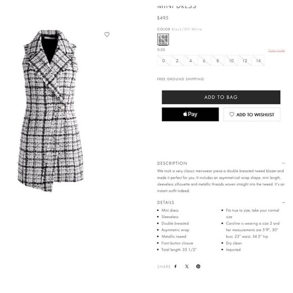 Alice + Olivia Meri Collared Black White Tweed Mini Dress size 2 $495 - Picture 6 of 6